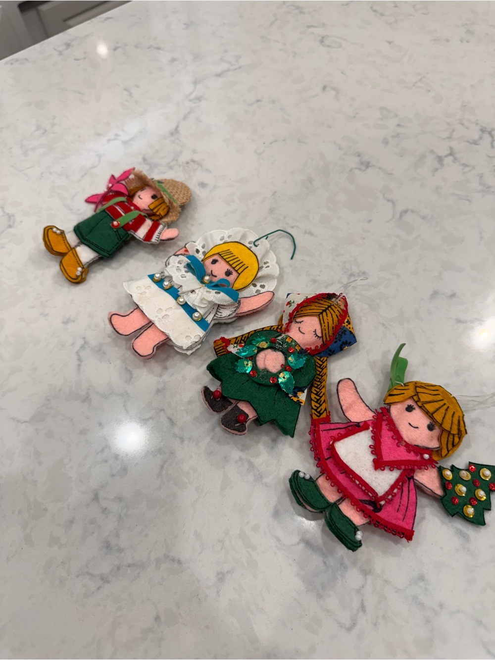 Vintage 1970s Felt Christmas Ornaments Set 4 Handmade Kitsch Dolls